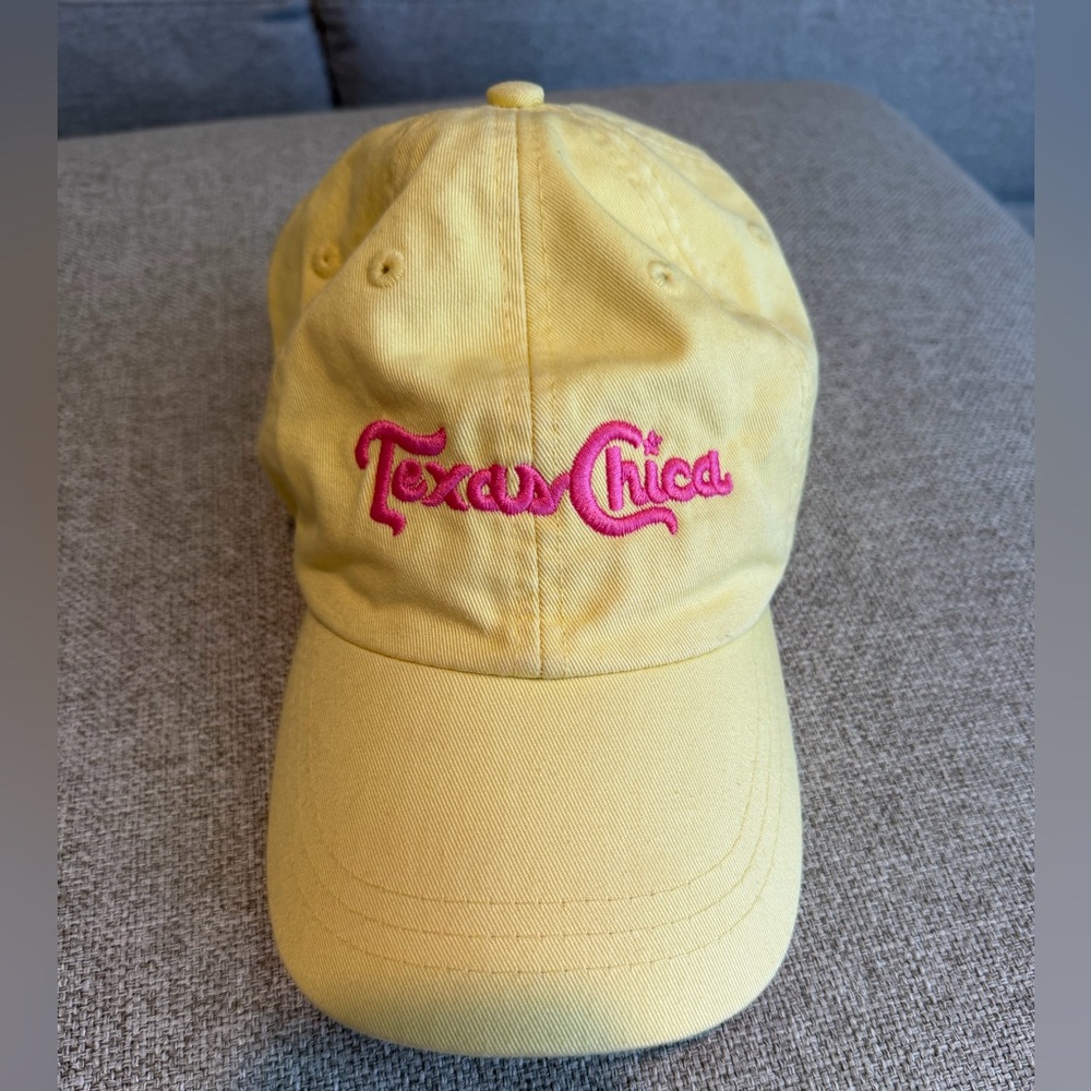 Texas Chica hat Yellow and Pink.  Topo Chico Style lettering